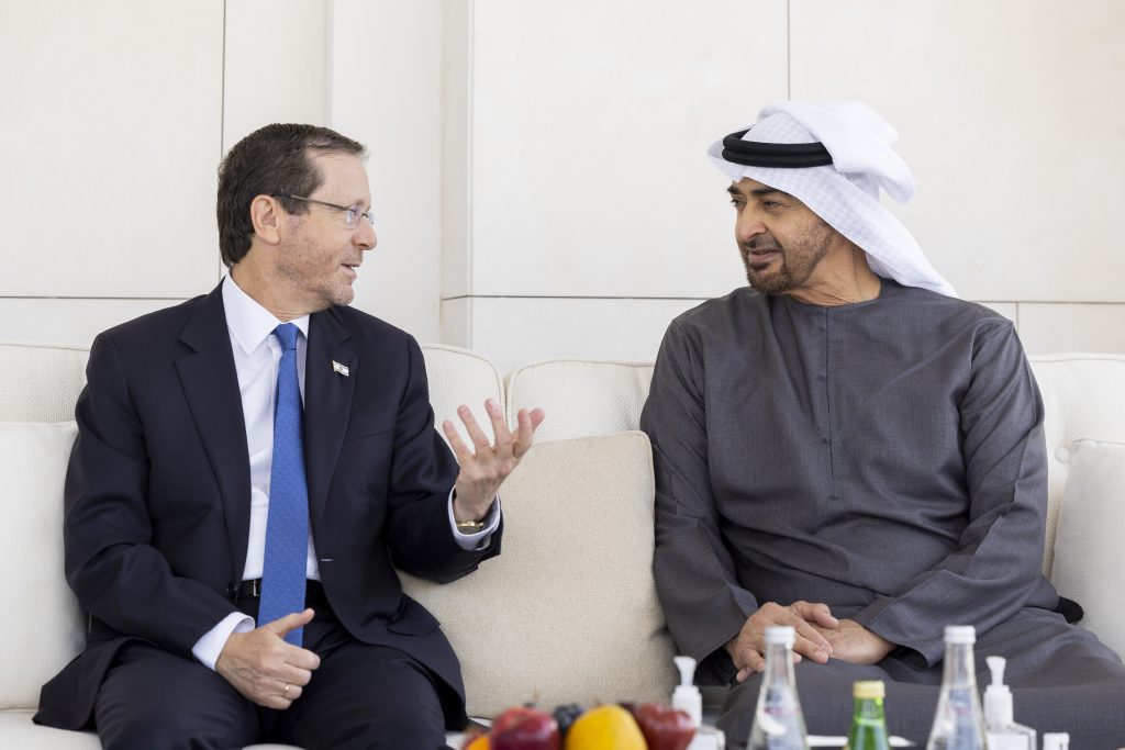 President of UAE meets with Israeli President at Al Shati Palace, Abu Dhabi.