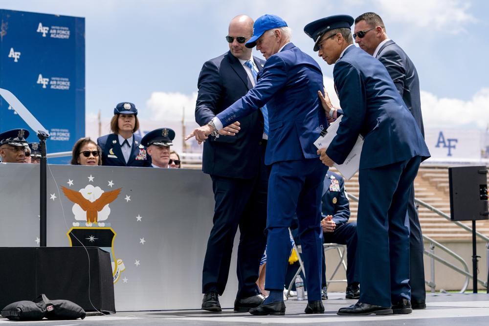 Biden says he got 'sandbagged' after he tripped and fell